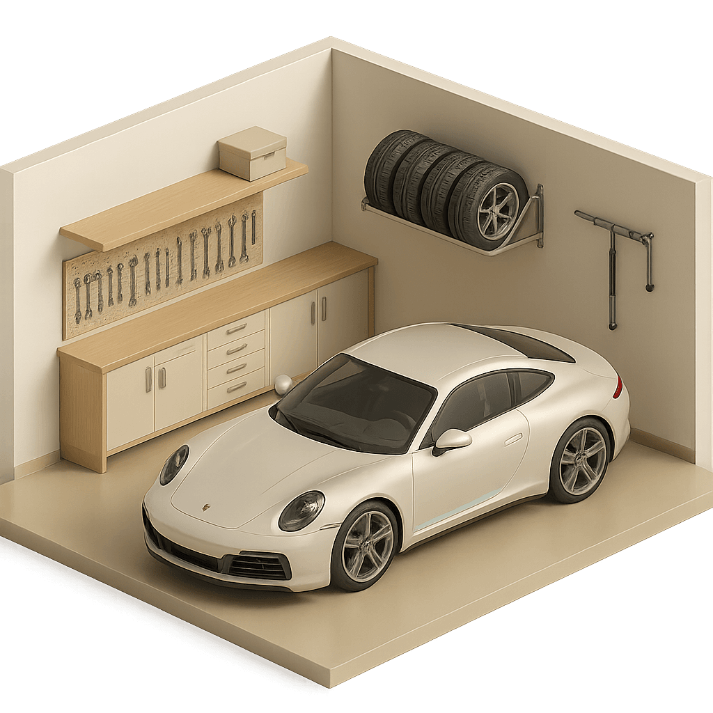 A Garage with a sports Car